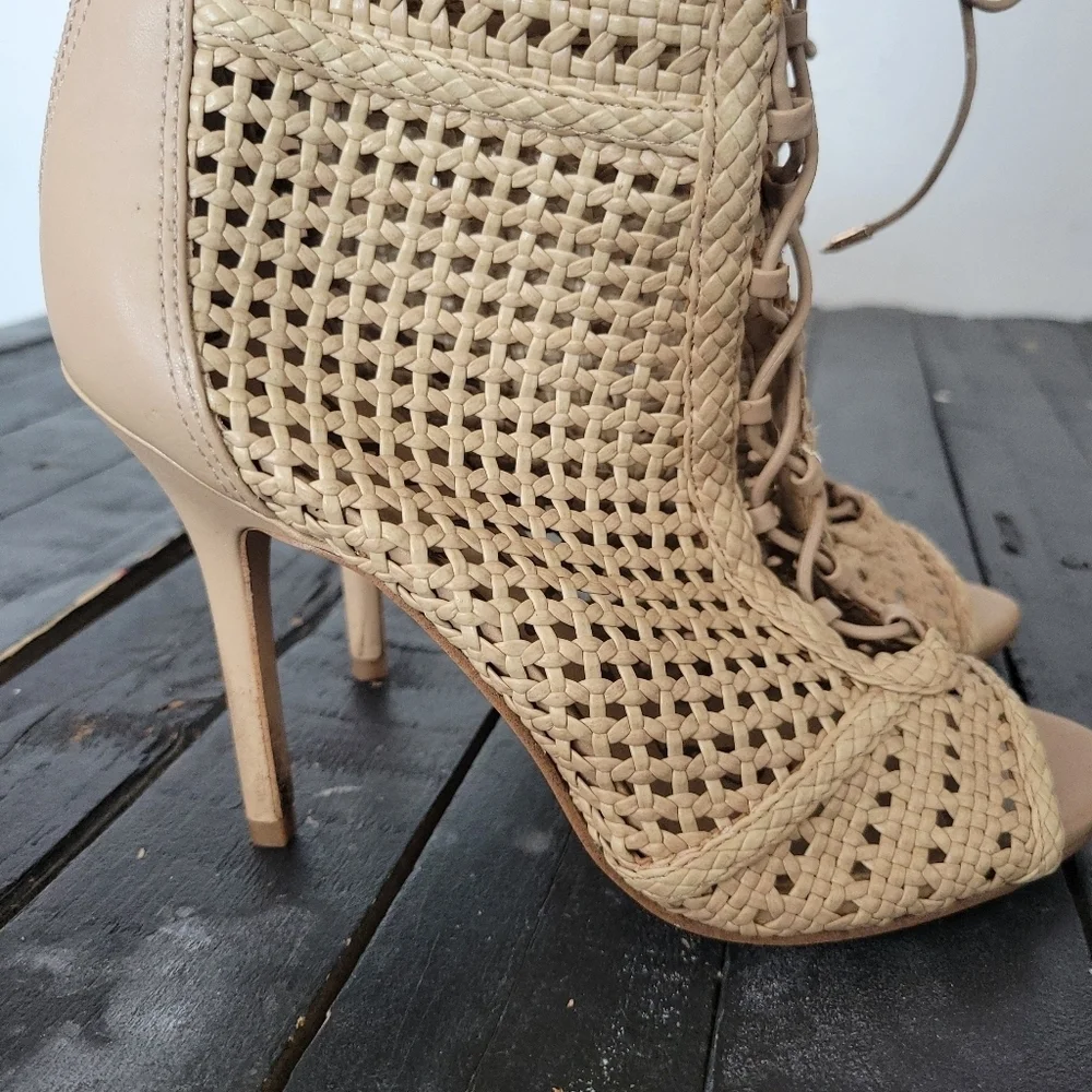 Sam Edelman Abbie Woven Heels Women's 6 Tan Beige Lace Up Stiletto Dressy